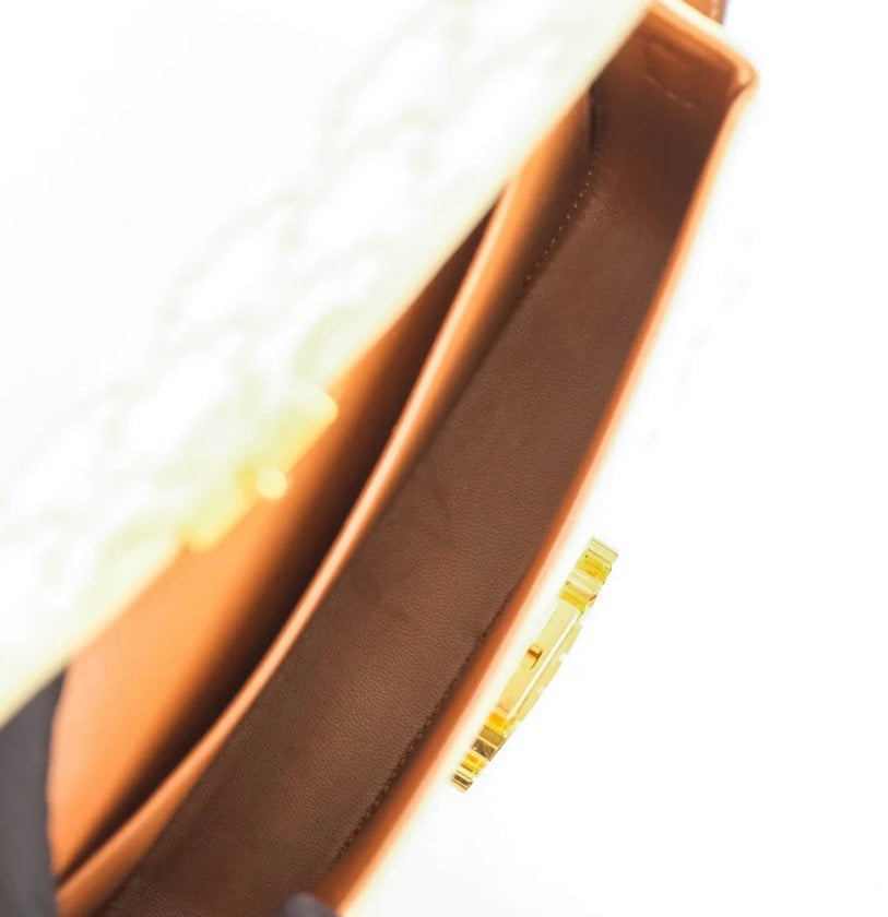 Interior view of SLG Luxury CELINE Triomphe shoulder bag showing brown leather lining and gold-tone hardware details.