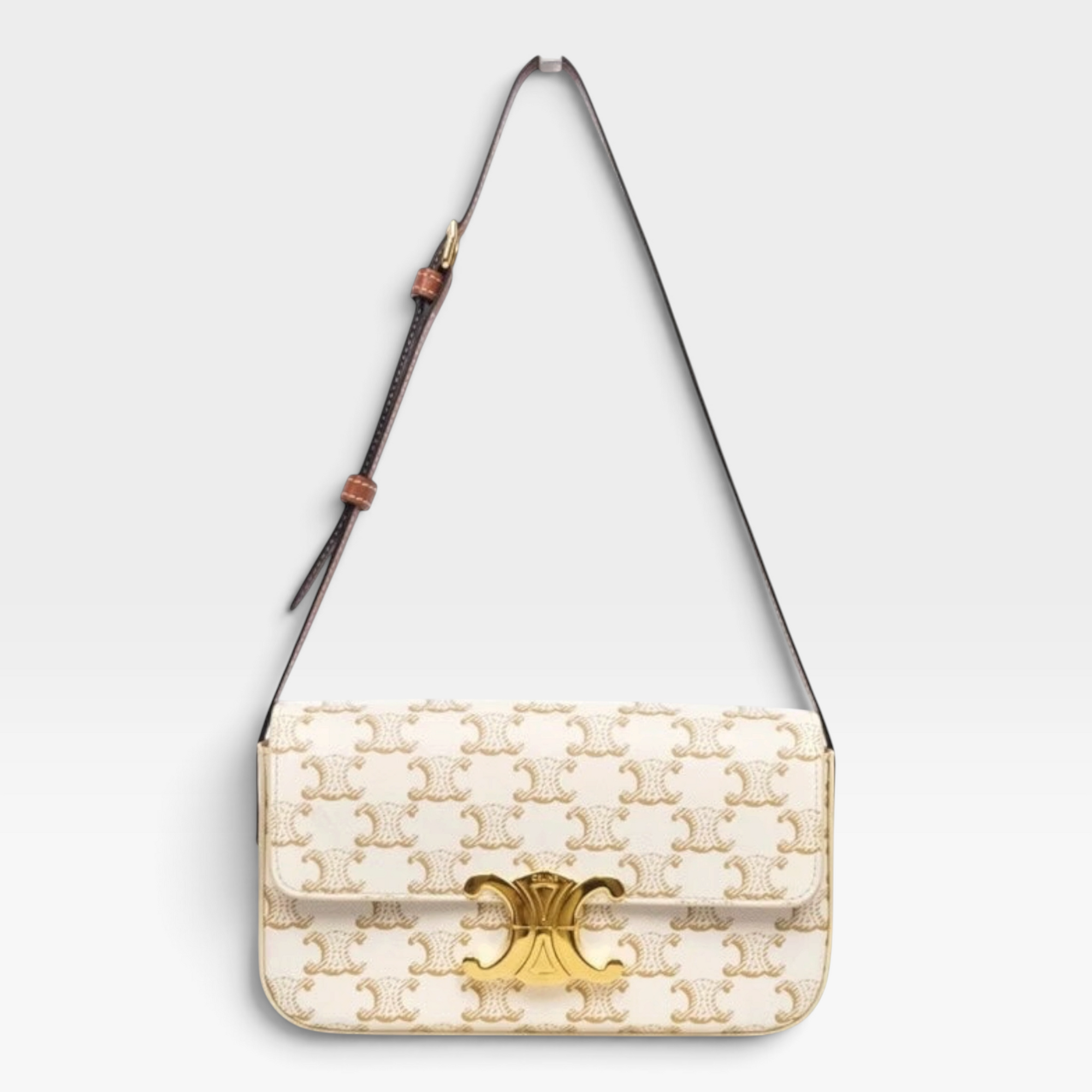 SLG Luxury CELINE Triomphe shoulder bag in white coated canvas with gold monogram print and gold-tone metal clasp.
