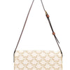 SLG Luxury CELINE Triomphe shoulder bag in white coated canvas with gold monogram print and adjustable leather strap.