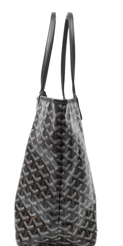 SLG Luxury black Goyard Saint Louis tote bag in signature chevron canvas with leather handles, side profile view