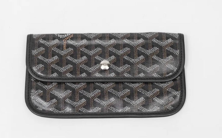 SLG Luxury black Goyardine canvas detachable pouch with iconic chevron pattern and silver snap button closure